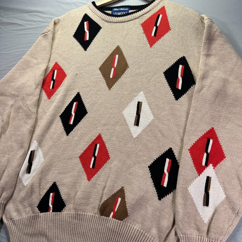 Vintage Grandpa Sweater Men Medium Cotton Knit Cottage Geometric Country La Mode